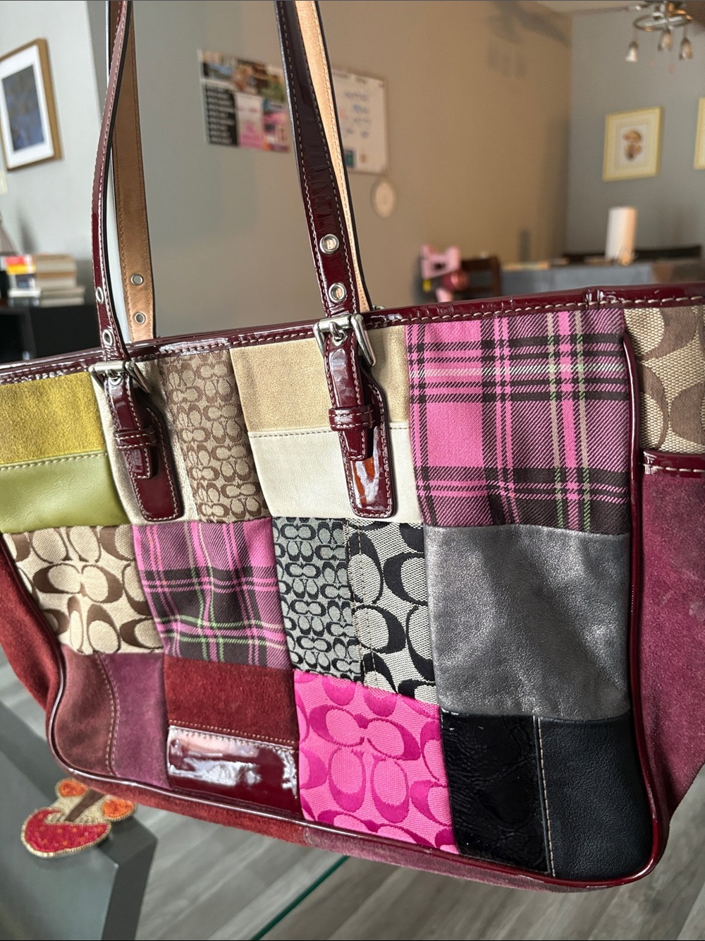 Coach Patchwork Pink Tote Bag with Burgundy Trim - Picture 2 of 11